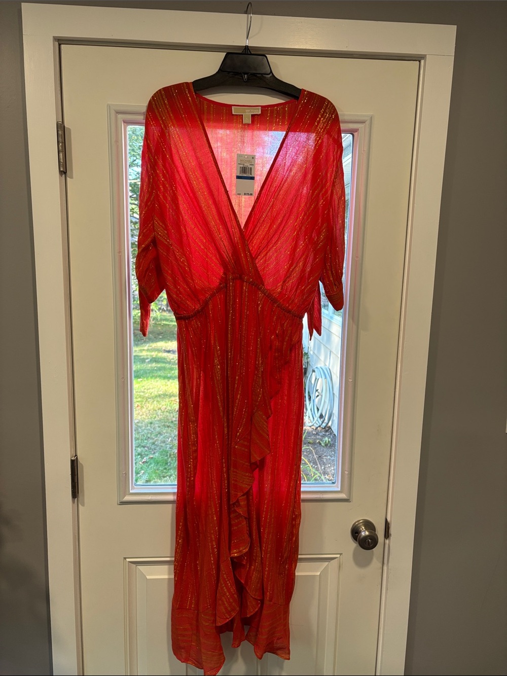 Michael Kors Red Metallic-Striped Wrap Maxi Dress